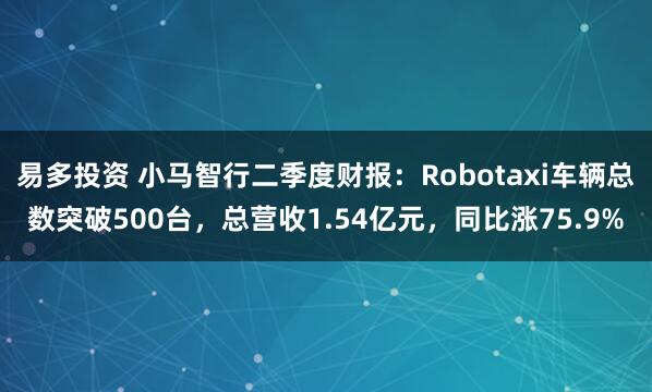 易多投资 小马智行二季度财报：Robotaxi车辆总数突破500台，总营收1.54亿元，同比涨75.9%